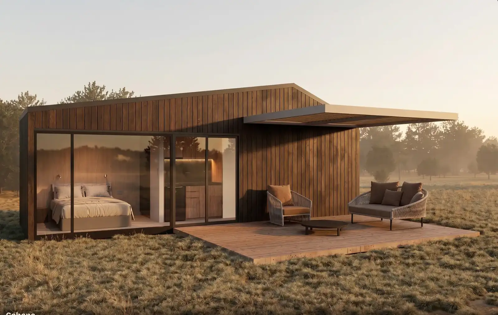 Exterior de una cabaña modular ABITA con sus materiales señalados