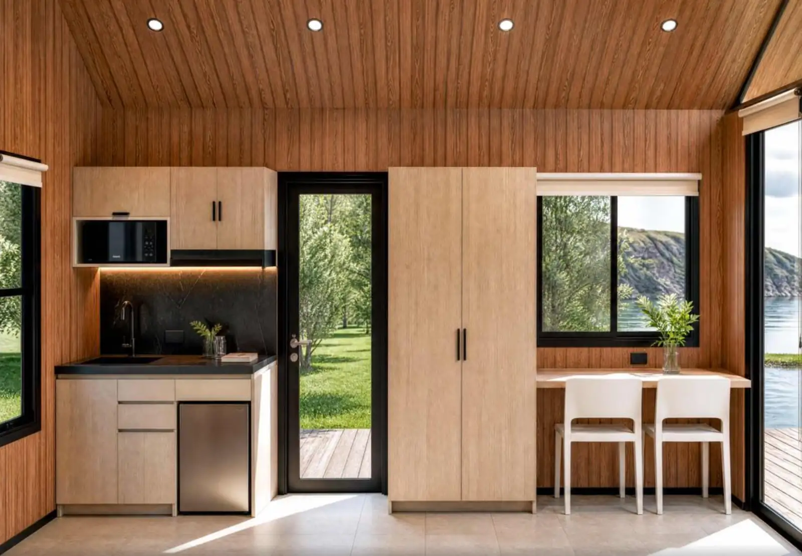Interior de una cabaña modular ABITA con sus materiales señalados