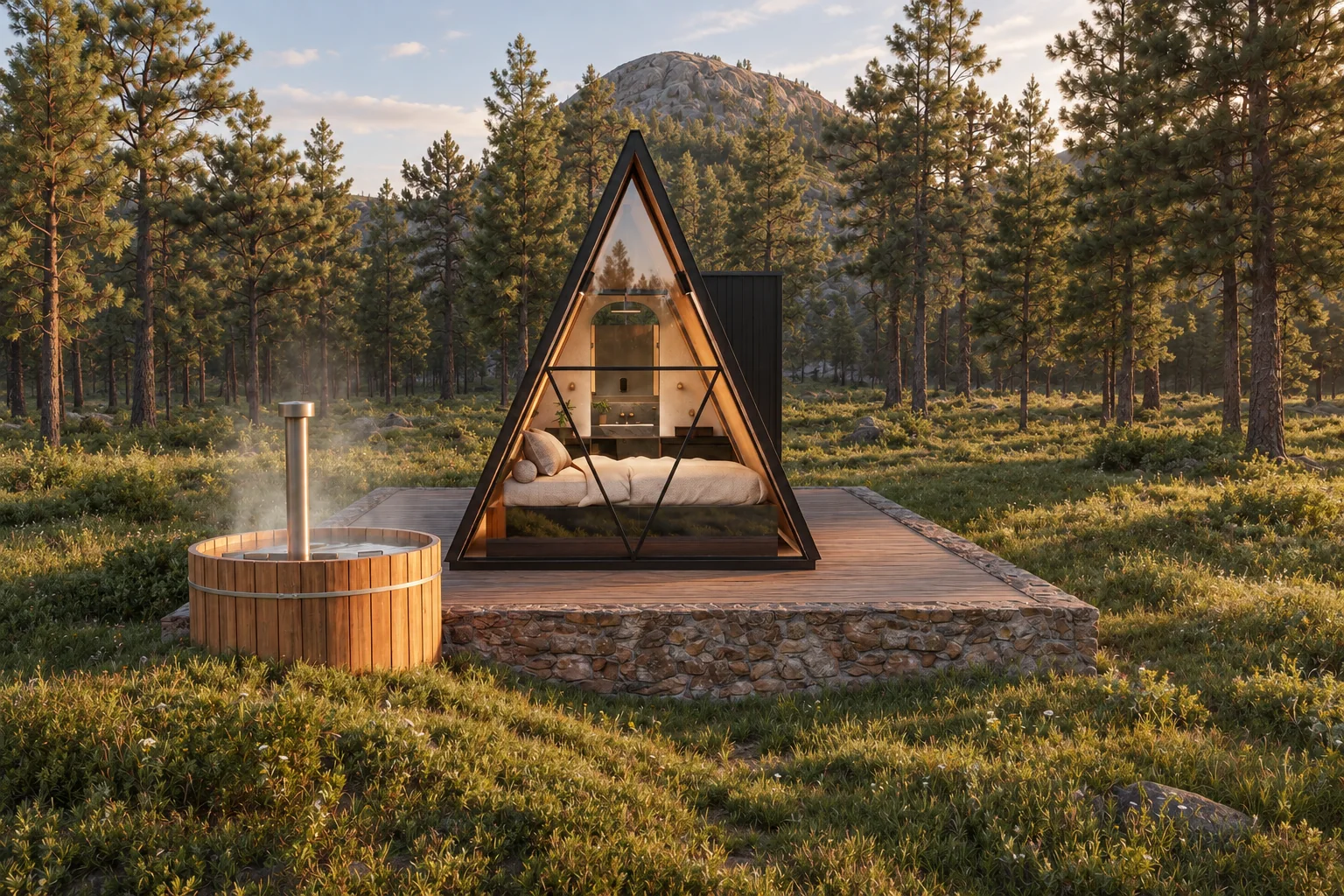 Cabaña Alpina de ABITA: A-frame de madera con fachada de vidrio en una pradera entre pinos