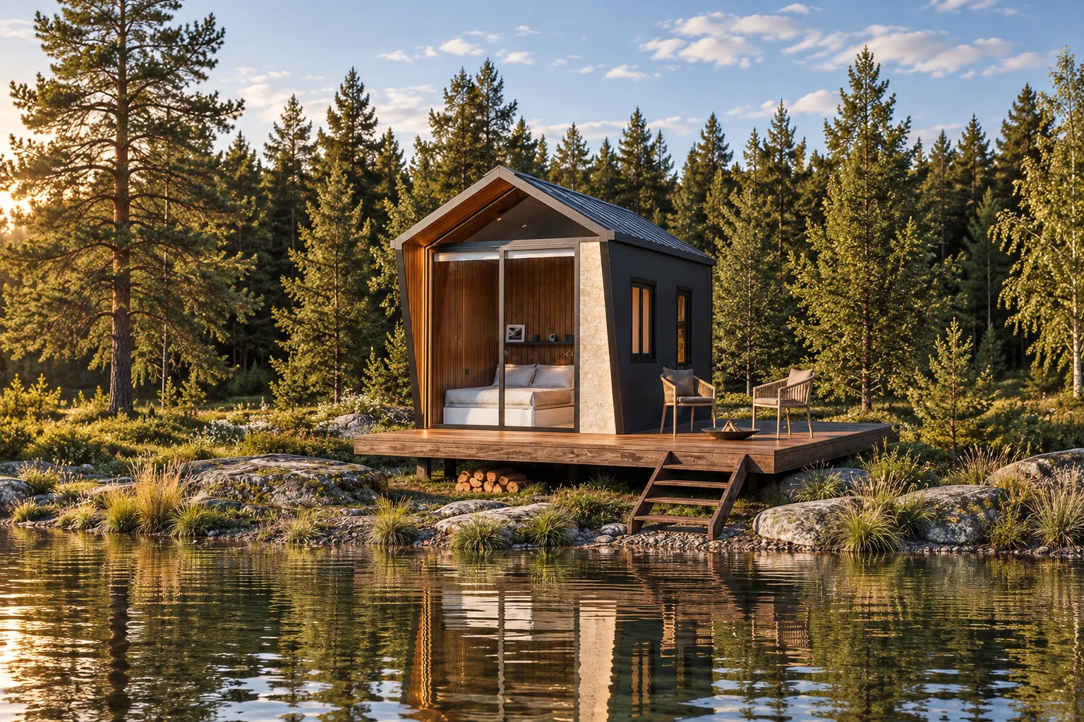 Cabaña Bruma de ABITA: cubierta a dos aguas y deck de madera sobre la orilla de un lago