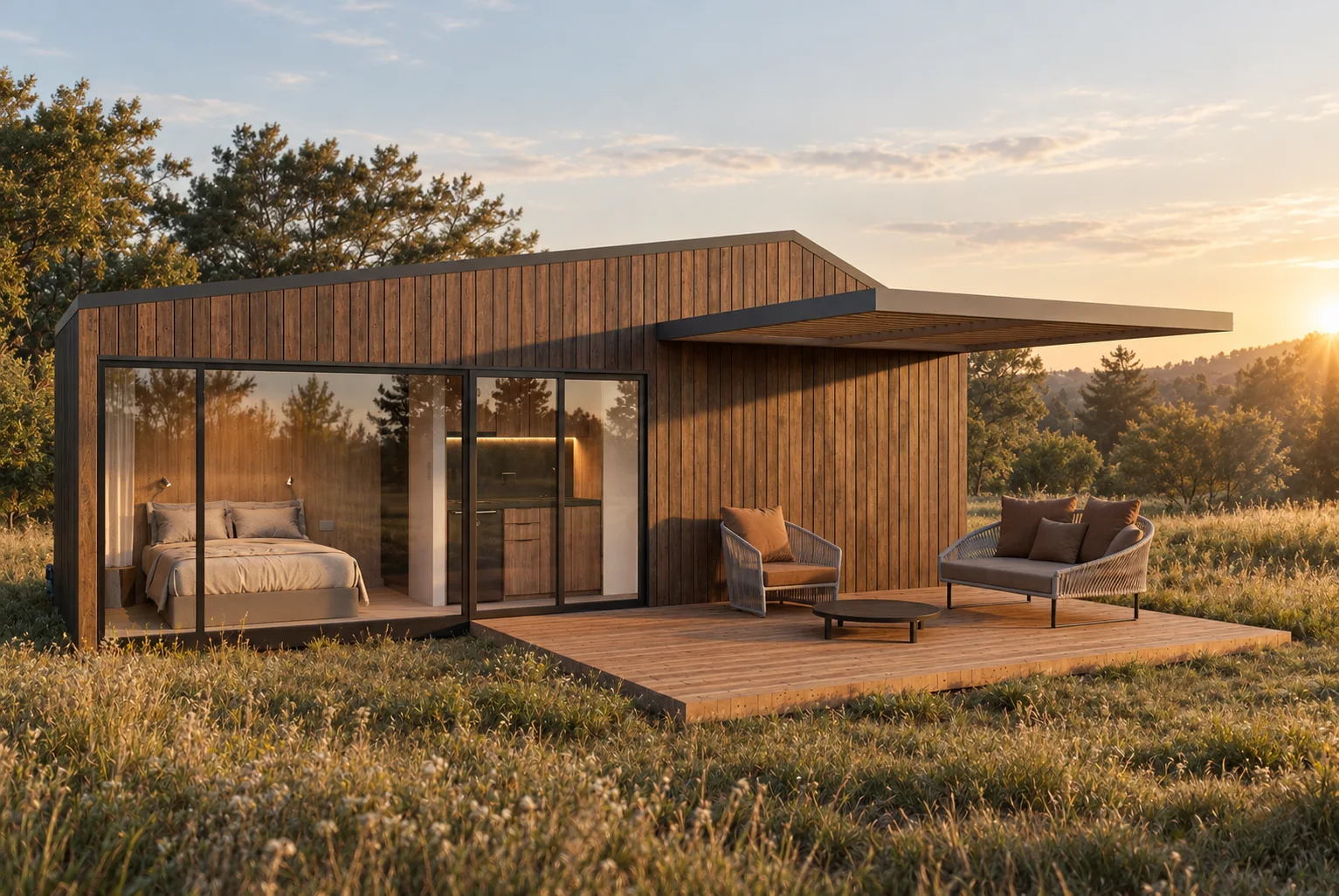 Cabaña Cabana de la Línea Rodante con terraza al atardecer