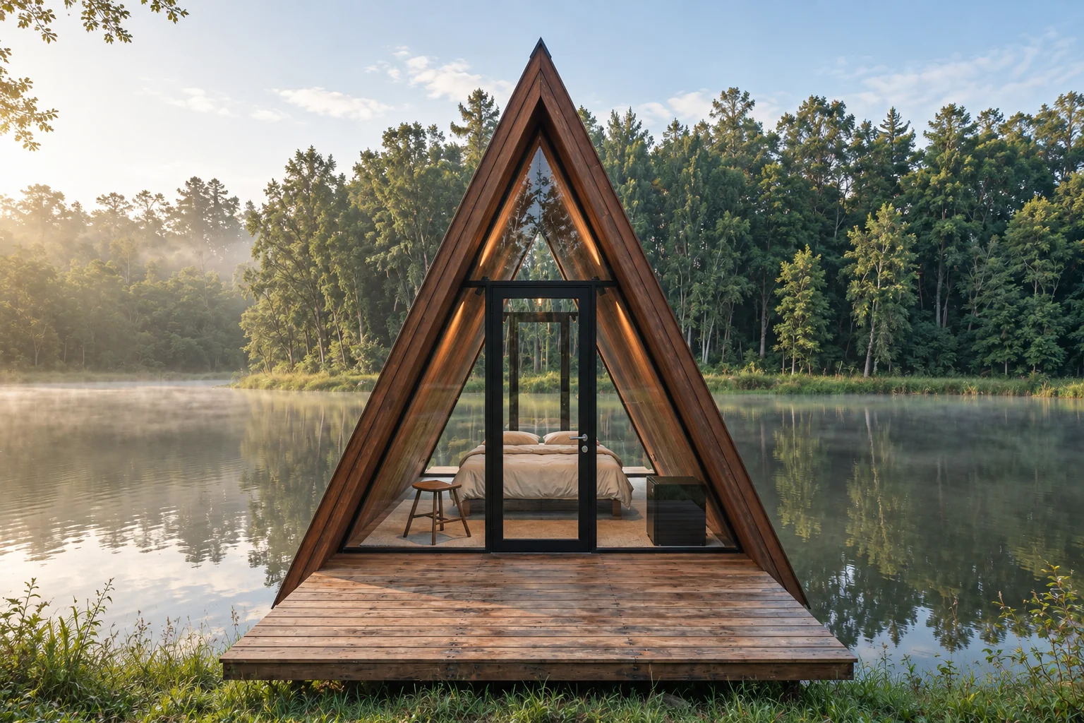 Cabaña Killa de ABITA: A-frame alta de madera con terraza de ingreso frente a un lago al amanecer