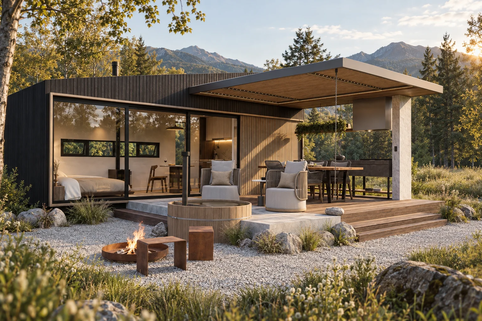 Cabaña Minimal de ABITA: volumen negro con pérgola, deck y fogata frente a las montañas