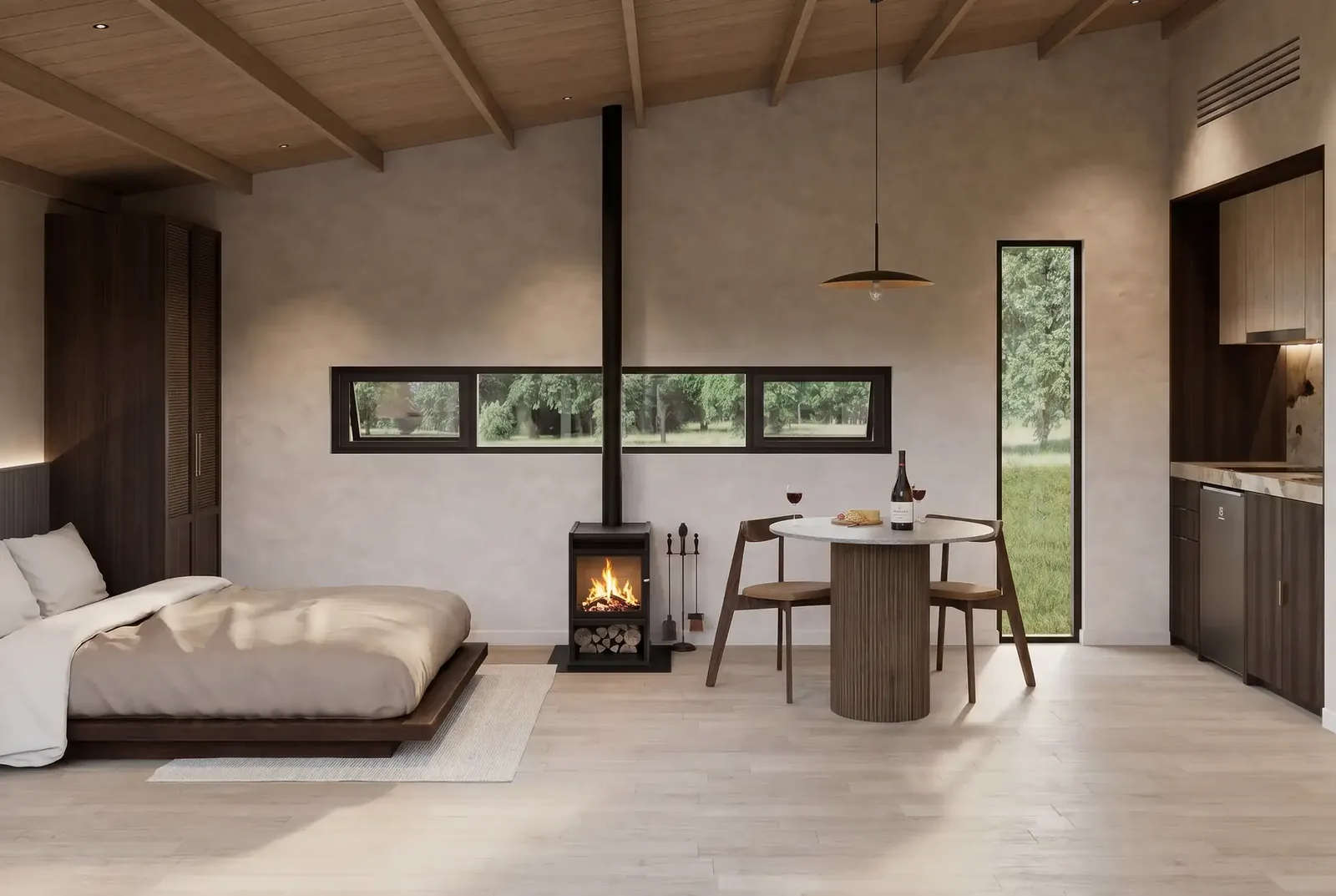 Dormitorio de la Minimal con estufa y ventana corrida