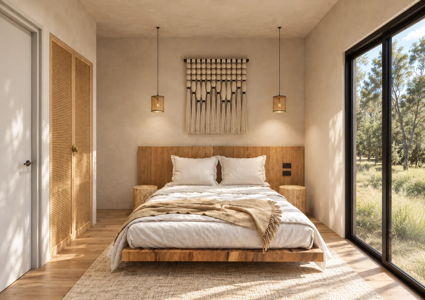 Dormitorio de la Qhapaq 2 con cama doble y ventanal al bosque