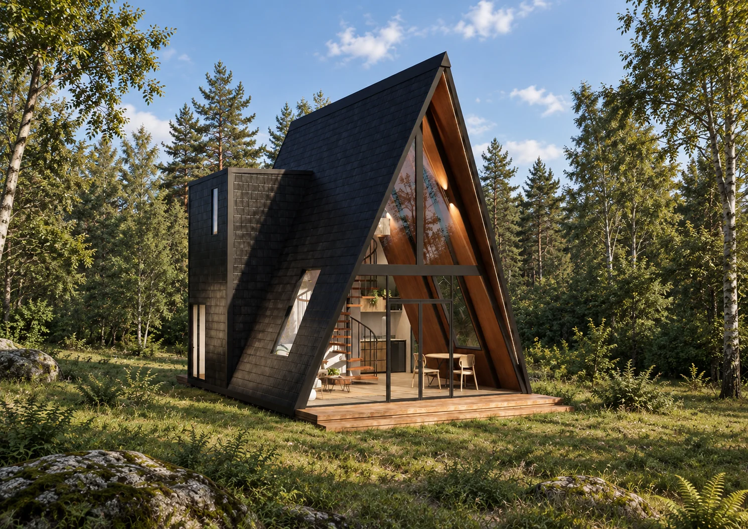 Cabaña A-frame Qhapaq 2 de ABITA entre pinos: silueta en A de dos niveles con módulo lateral y terraza de madera
