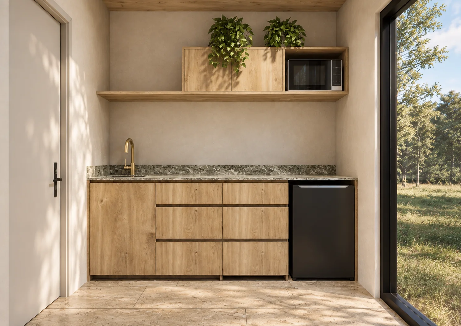 Kitchenette de la Qhapaq 2 con muebles de madera clara