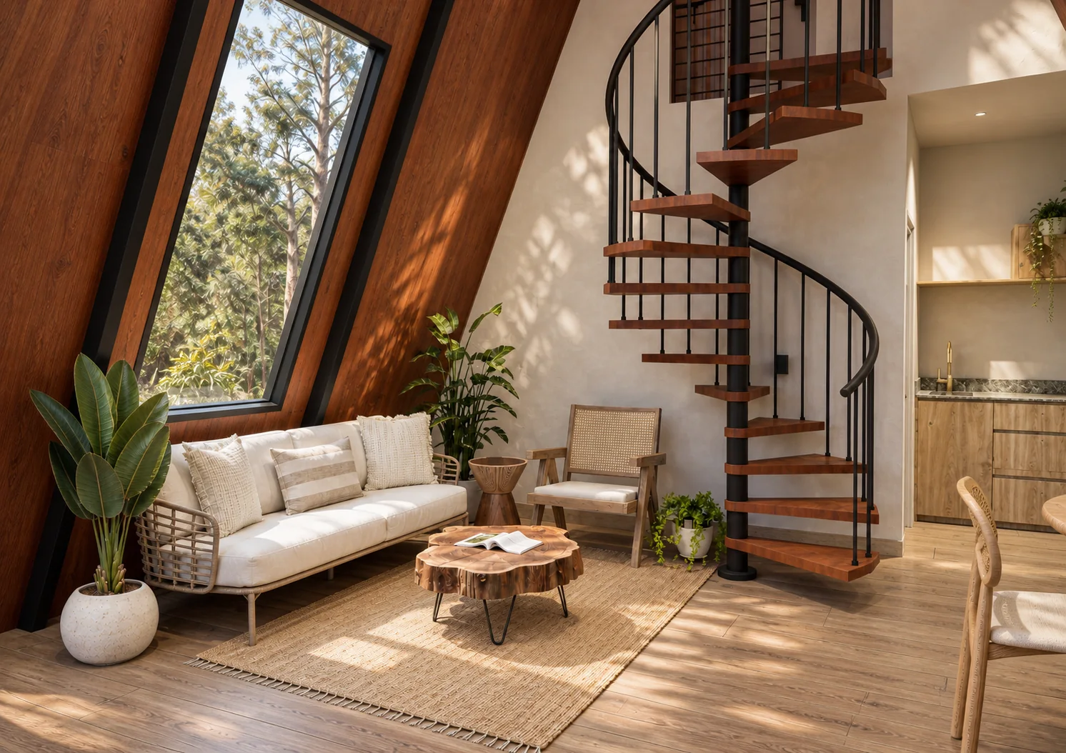 Sala a doble altura de la Qhapaq 2 con escalera caracol, sofá y ventanal