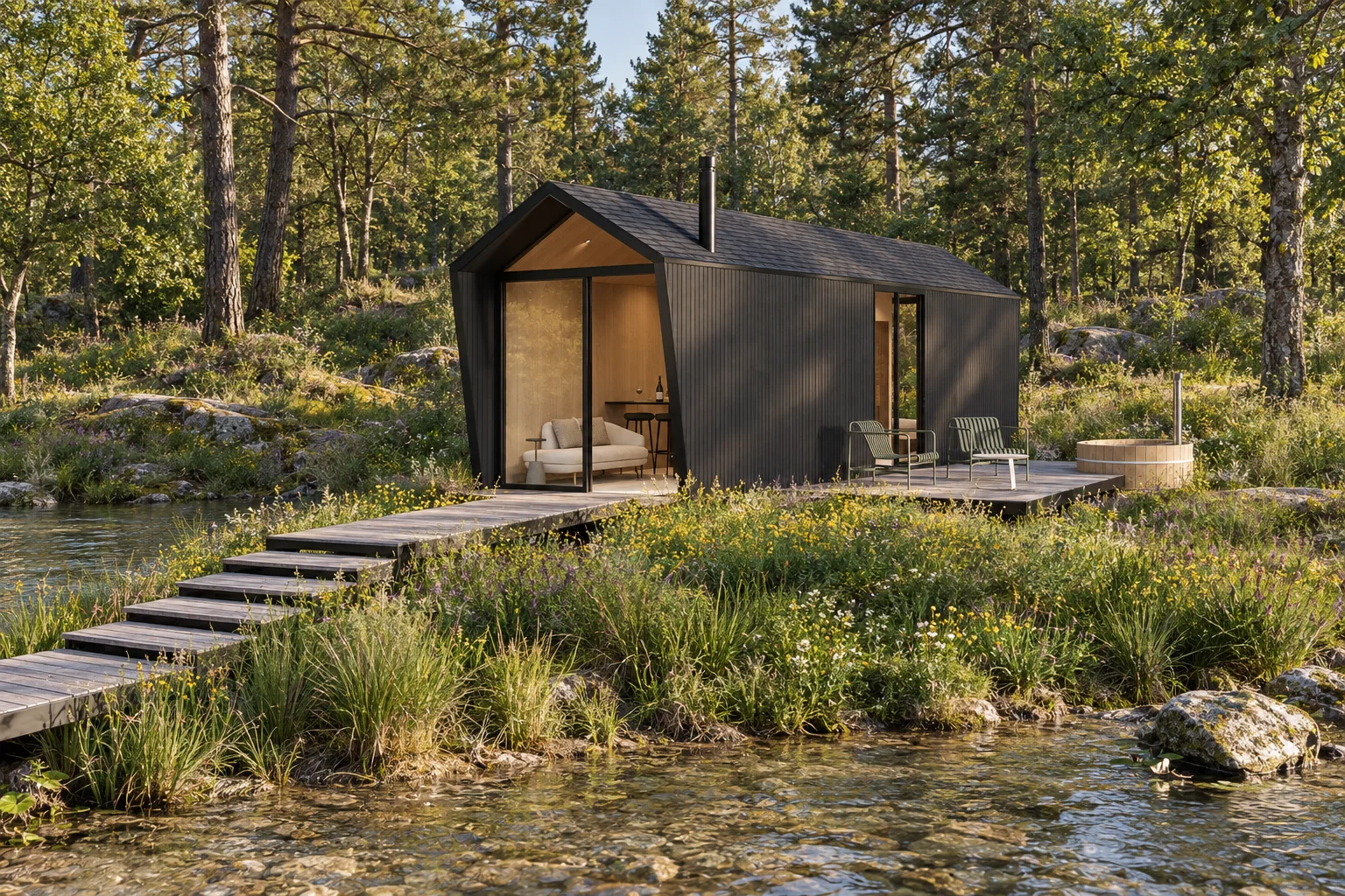 Cabaña Suit de ABITA: volumen negro con ventanales y deck sobre un arroyo en el bosque