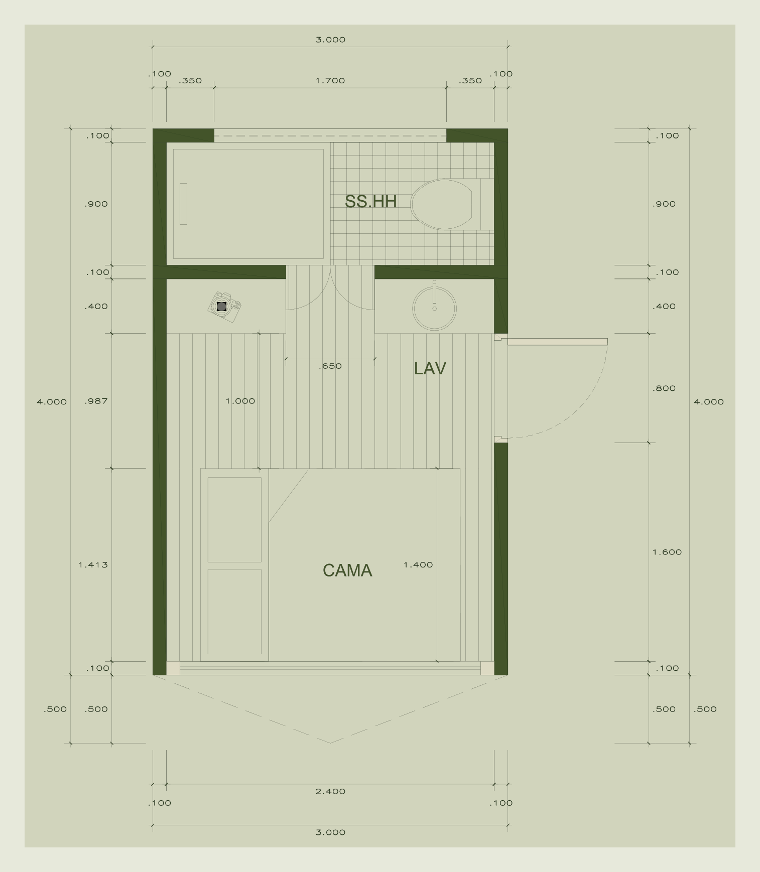 Plano referencial de la cabaña Alpina de ABITA, 3 × 4 m