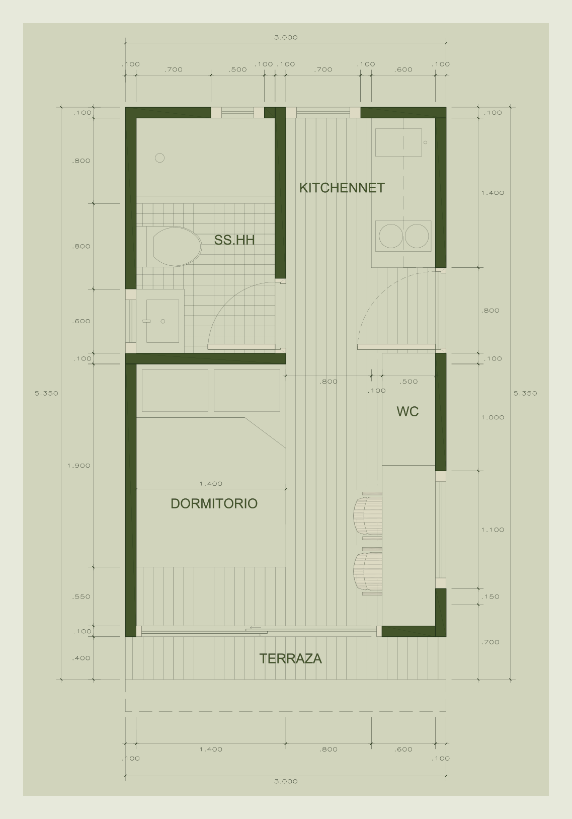 Plano referencial de la cabaña Bruma de ABITA, 3 × 5.35 m