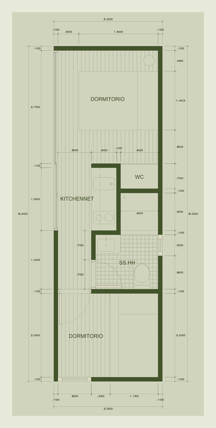 Plano referencial de la cabaña Cabana de ABITA, 3 × 8 m