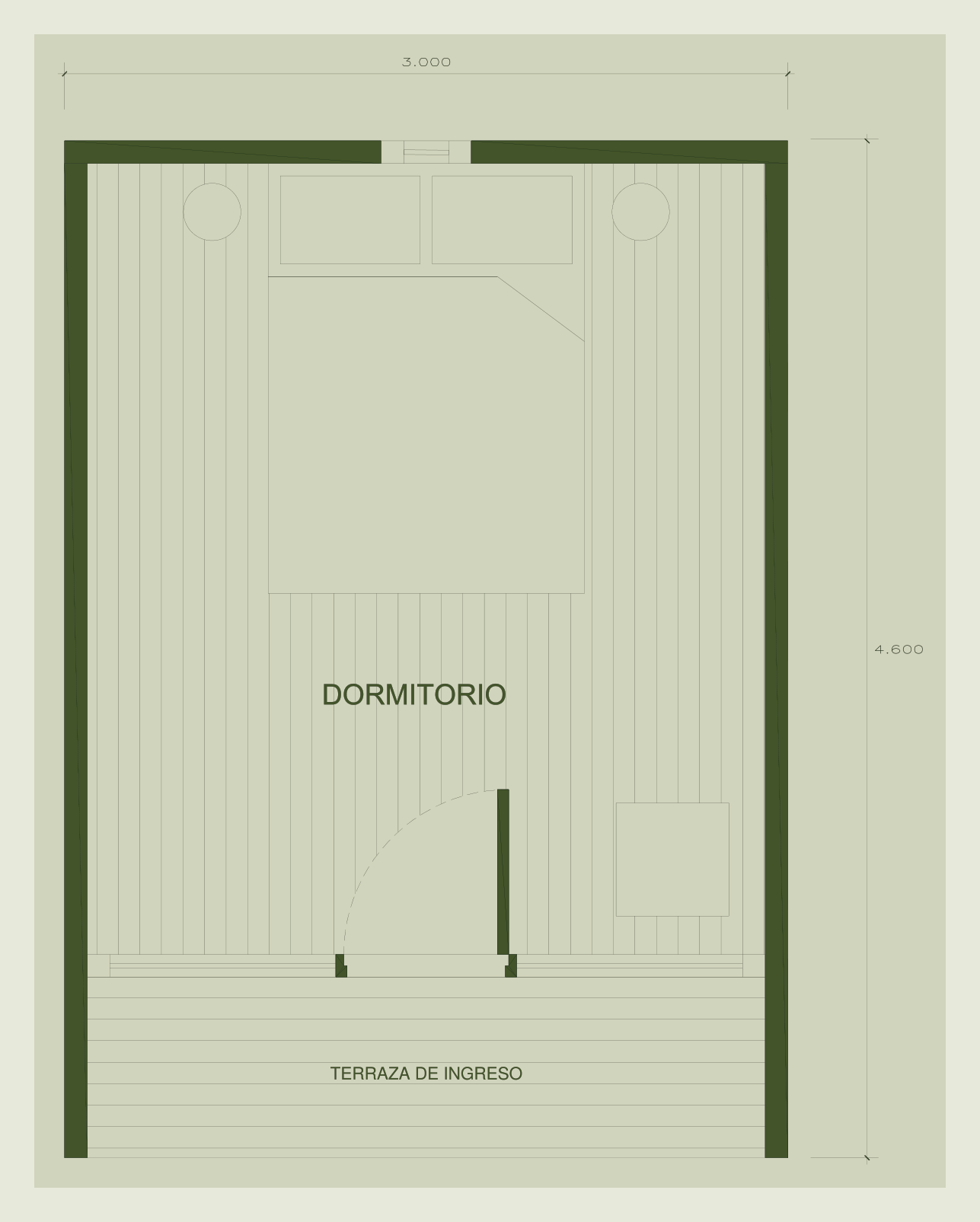 Plano referencial de la cabaña Killa de ABITA, 3 × 4.60 m
