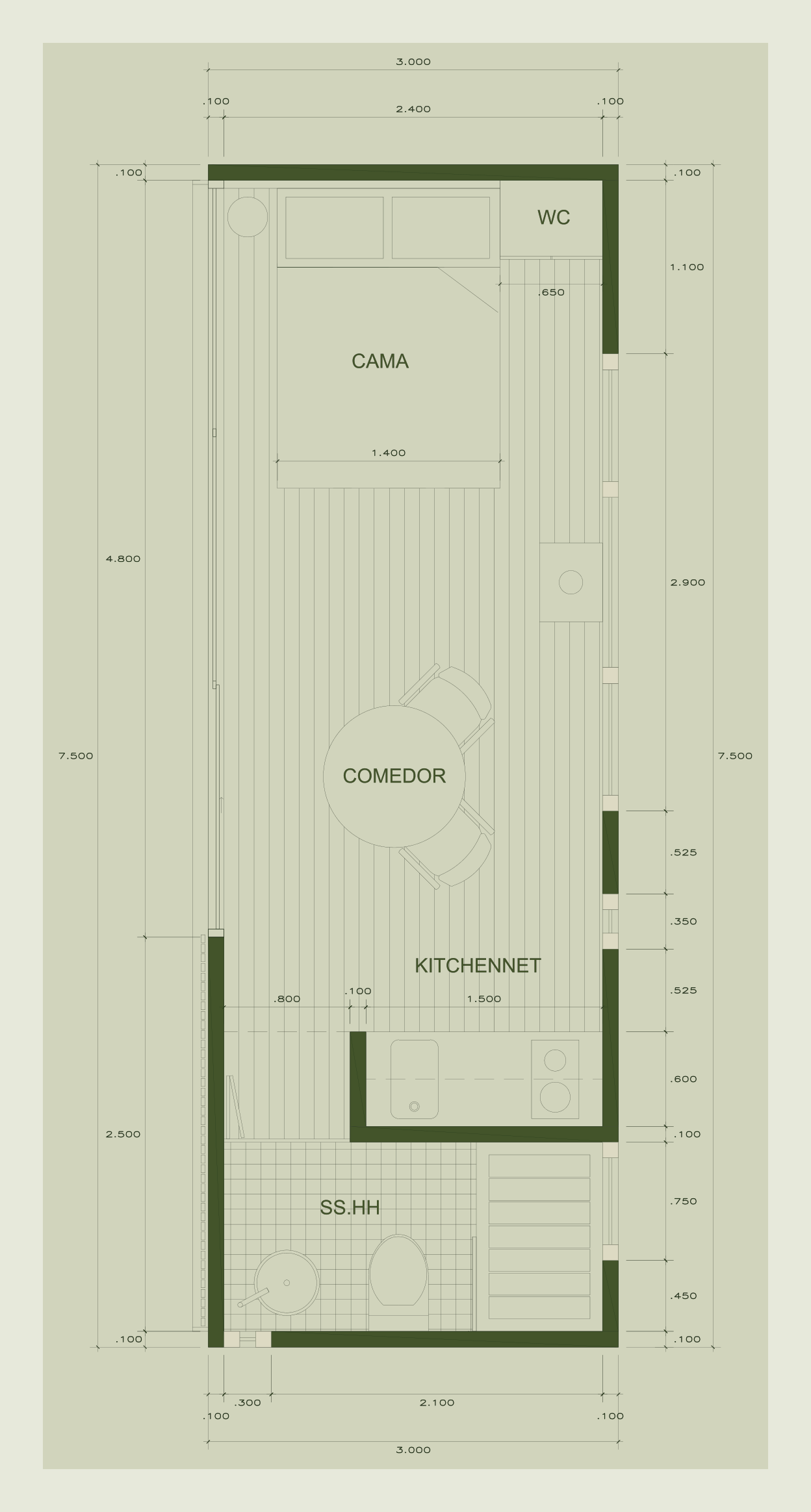 Plano referencial de la cabaña Minimal de ABITA, 3 × 7.50 m