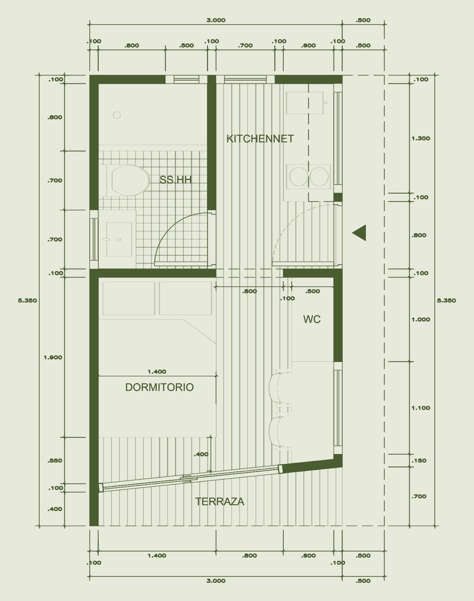 Plano referencial de la cabaña Natura de ABITA, 3 × 5.35 m