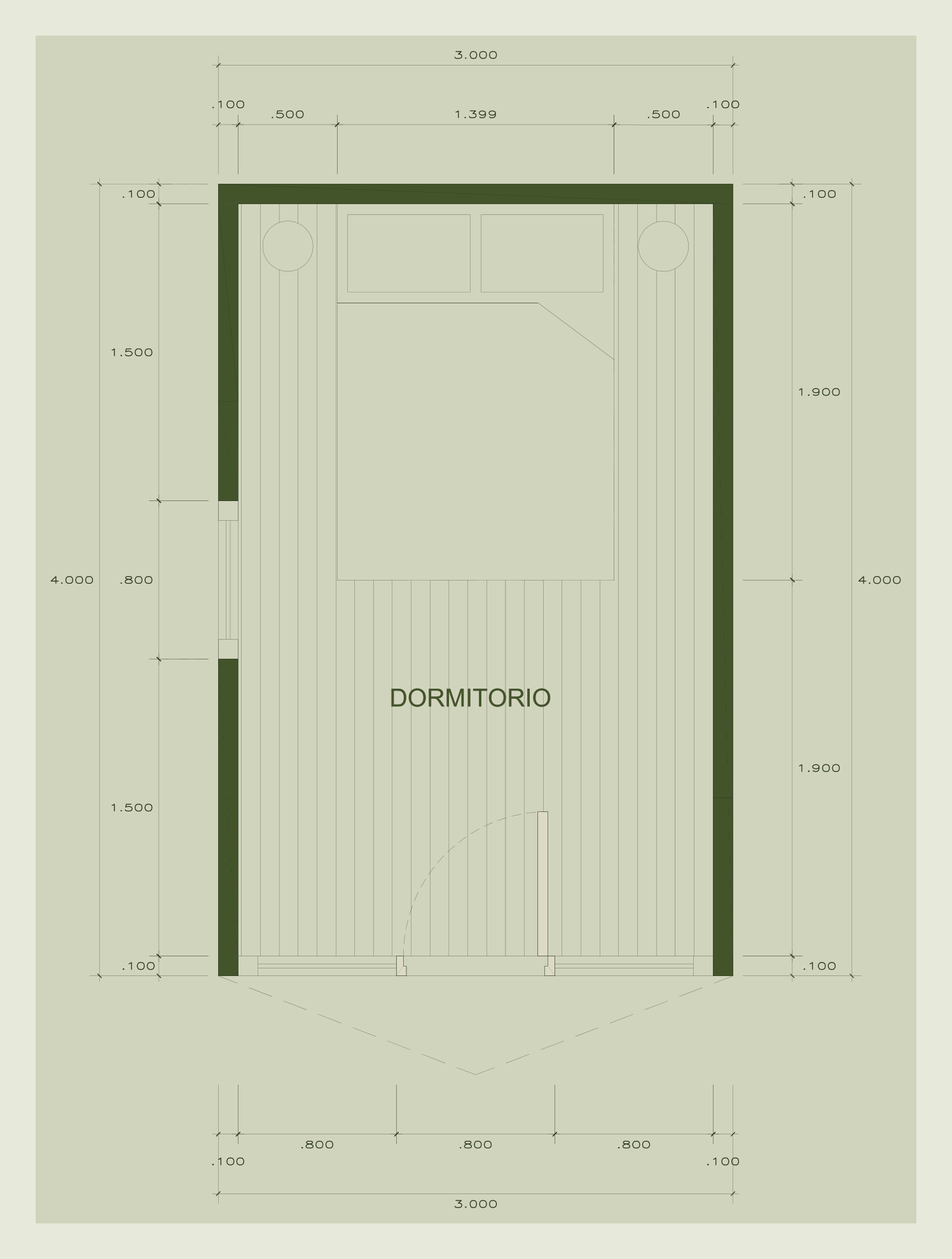 Plano referencial de la cabaña Rivera de ABITA, 3 × 4 m