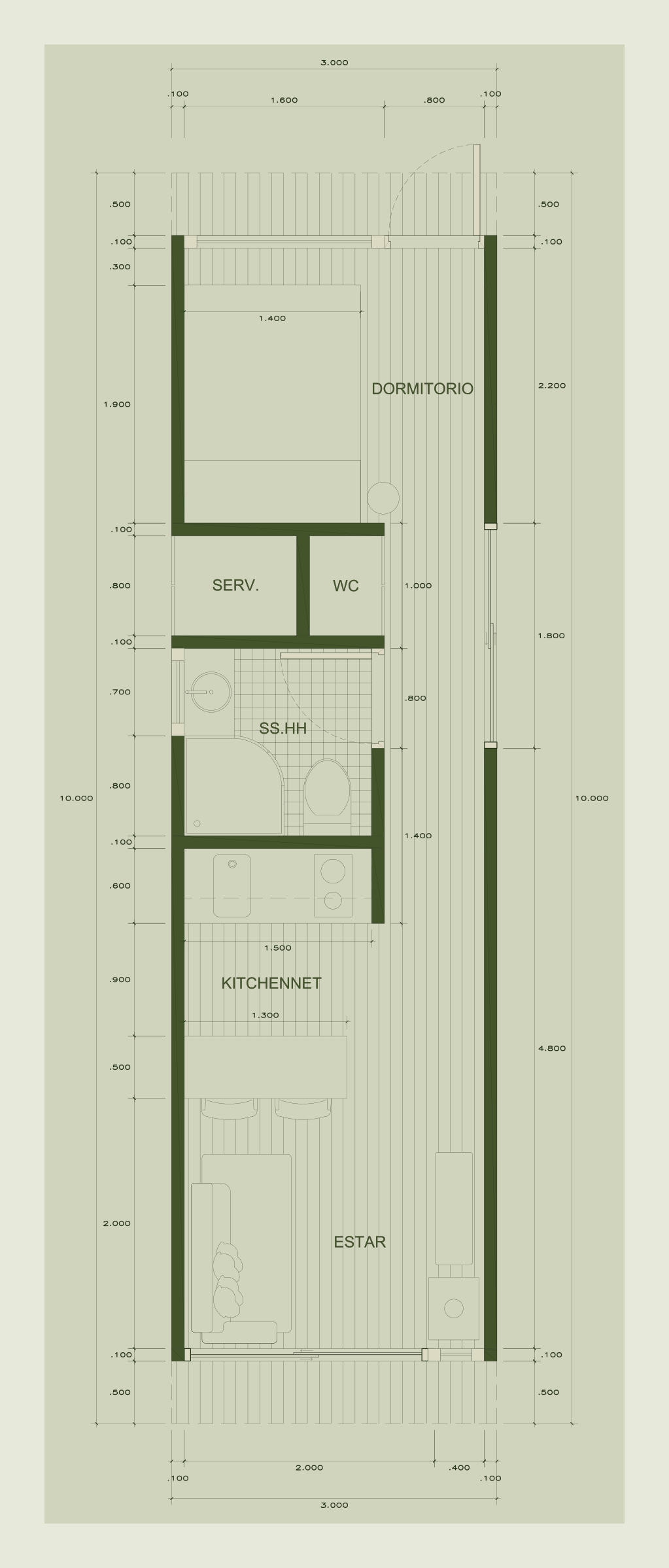 Plano referencial de la cabaña Suit de ABITA, 3 × 10 m