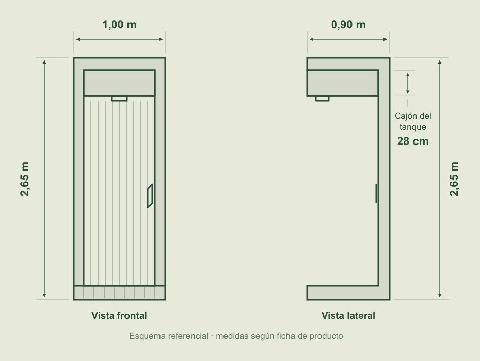 Vistas frontal y lateral de la Ducha Yaku con sus dimensiones