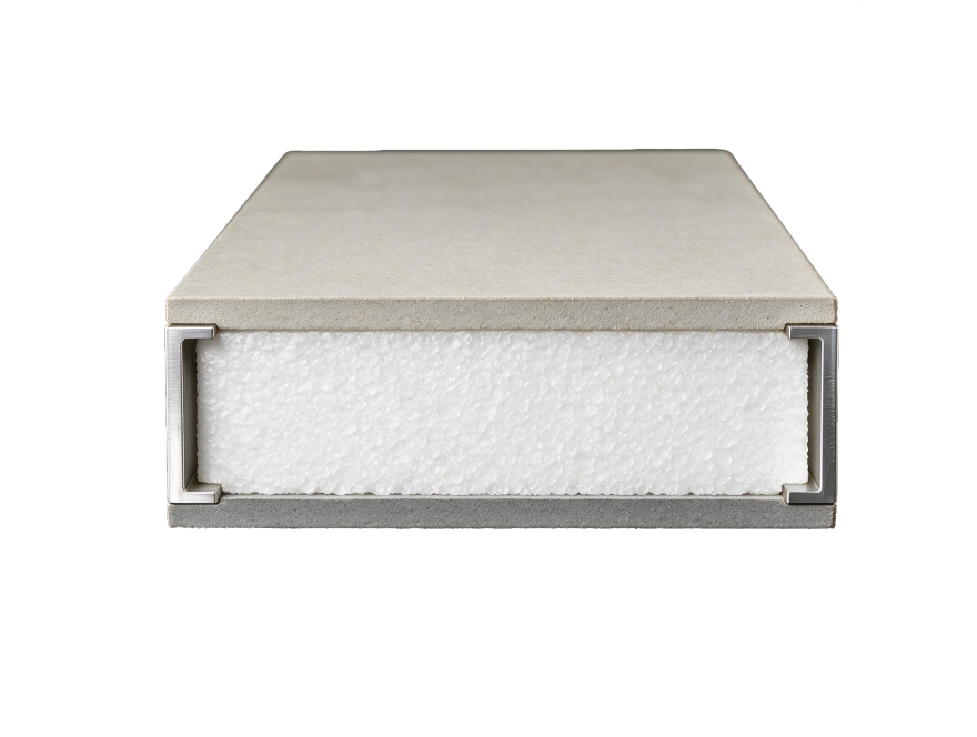Corte real del Panel SIP MGO: placas de óxido de magnesio, núcleo EPS macizo y perfil de aluminio
