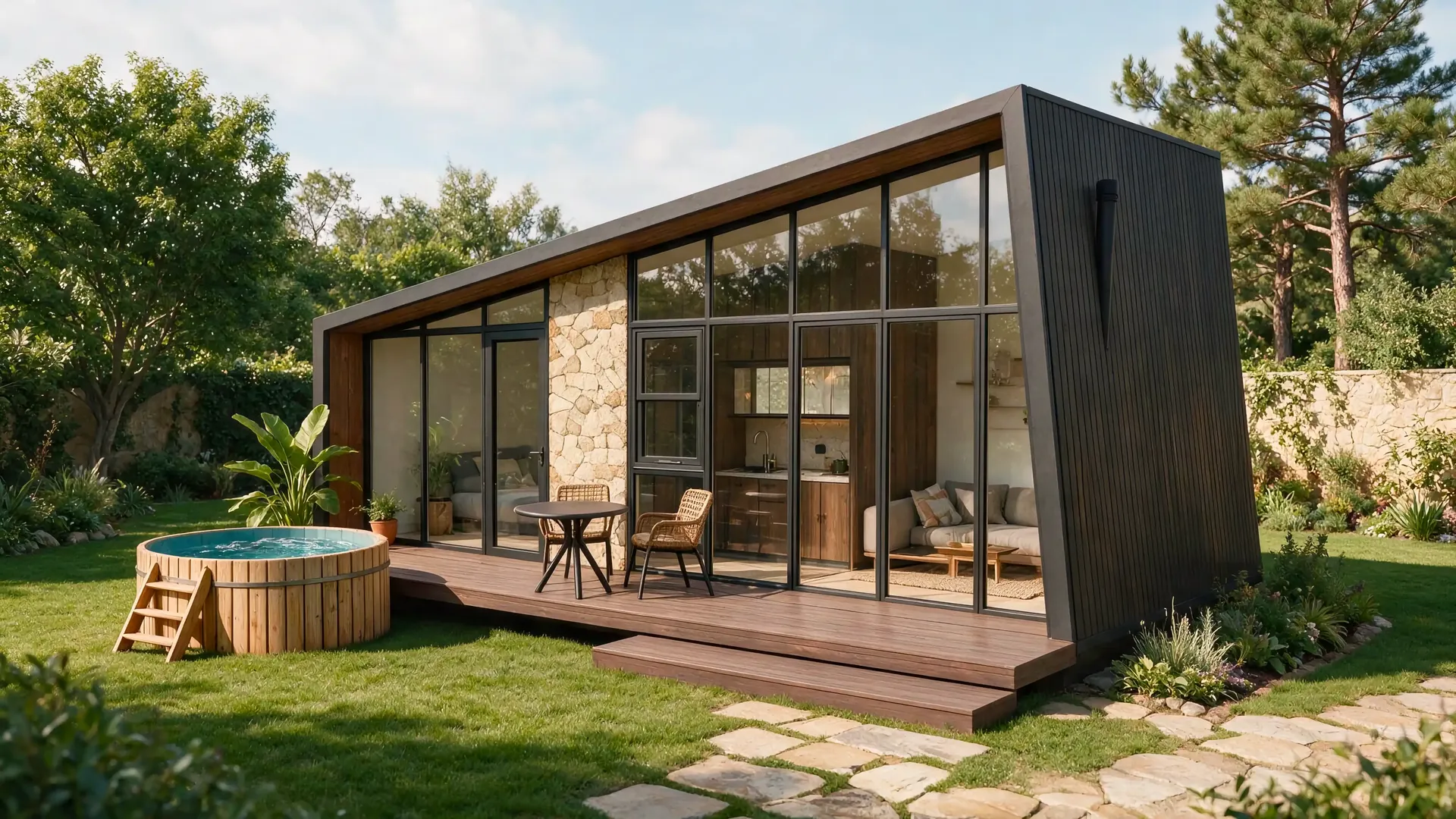 Cabaña modular ABITA con deck de madera y jacuzzi exterior en un jardín al atardecer